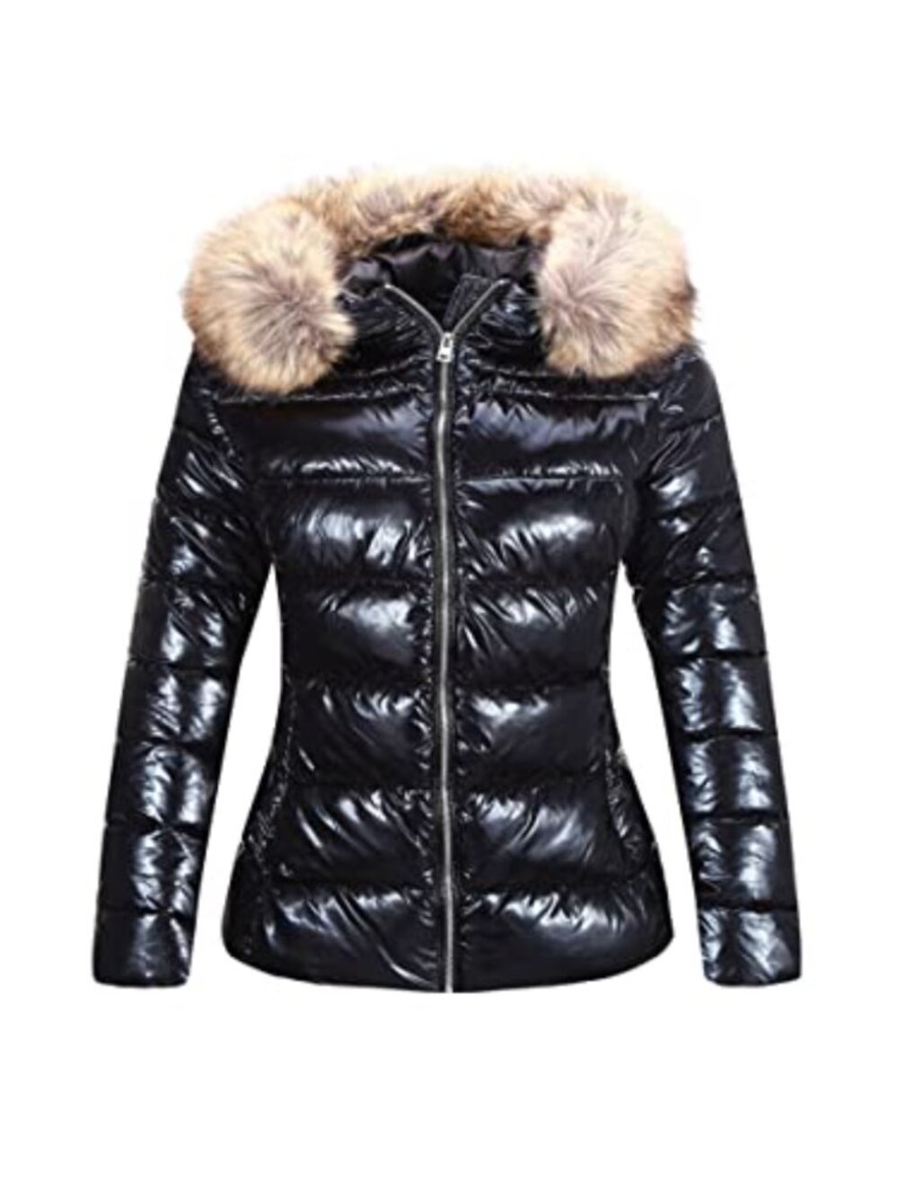 Women Quilted Puffer Jacket Hooded Winter Coat Windproof Faux Fur Removable